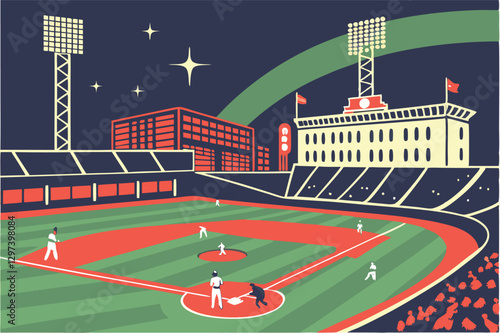 Baseball game illustration featuring players on the field at a well-lit stadium during an evening match
