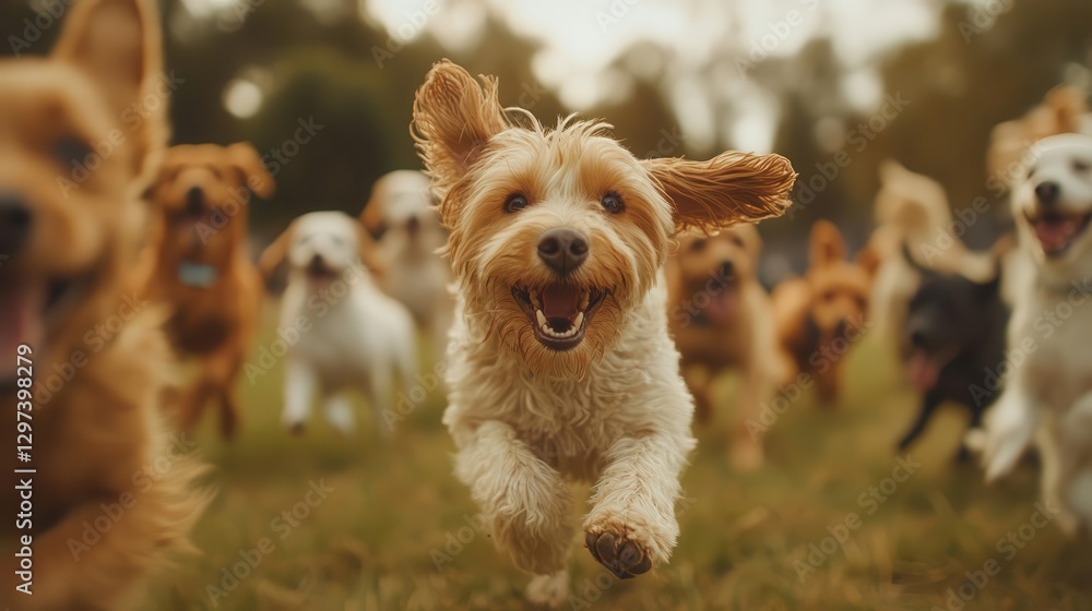A group of pets playing together at a dog park, captured in motion, Pet photography, Fun and lively A group of pets playing together at a dog park, captured in motion, Pet photography, Fun and lively