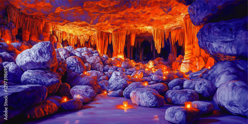Stunning Vector Art of Vibrant Cave Interior with Glowing Candles, Striking Stalactites, and Illuminated Rock Formations in Warm Orange and Cool Blue Hues