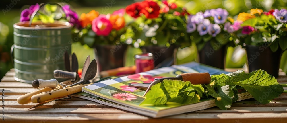Vibrant pansies, lush leaves, and tools rest on a wooden bench atop a realistic gardening guide book. Vibrant pansies, lush leaves, and tools rest on a wooden bench atop a realistic gardening guide book.