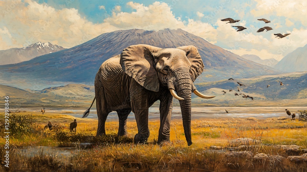 Fototapeta premium Majestic African Elephant and Birds in Ngorongoro Crater Wildlife Scene