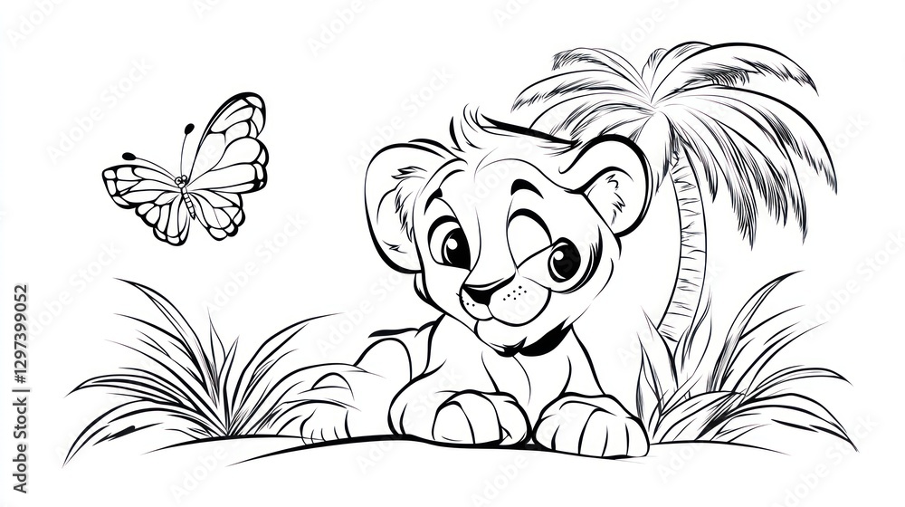 Cute lion cub in a tropical setting, coloring book image Cute lion cub in a tropical setting, coloring book image