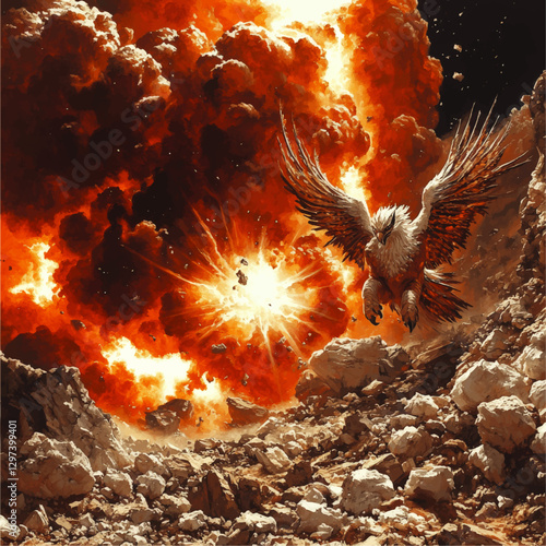 Majestic Phoenix in Explosive Chaos: Fiery Showdown in Desolate Landscape with Soaring Mythical Bird and Dramatic Clouds - Unleash the Fury of Elements