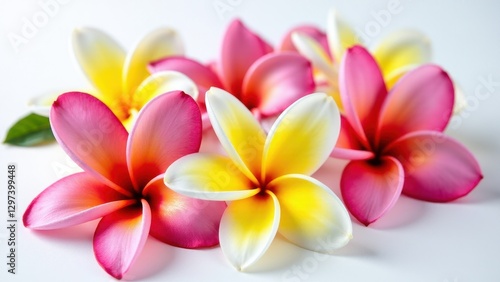 A vibrant plumeria lei featuring pink, yellow, and white flowers arranged beautifully.