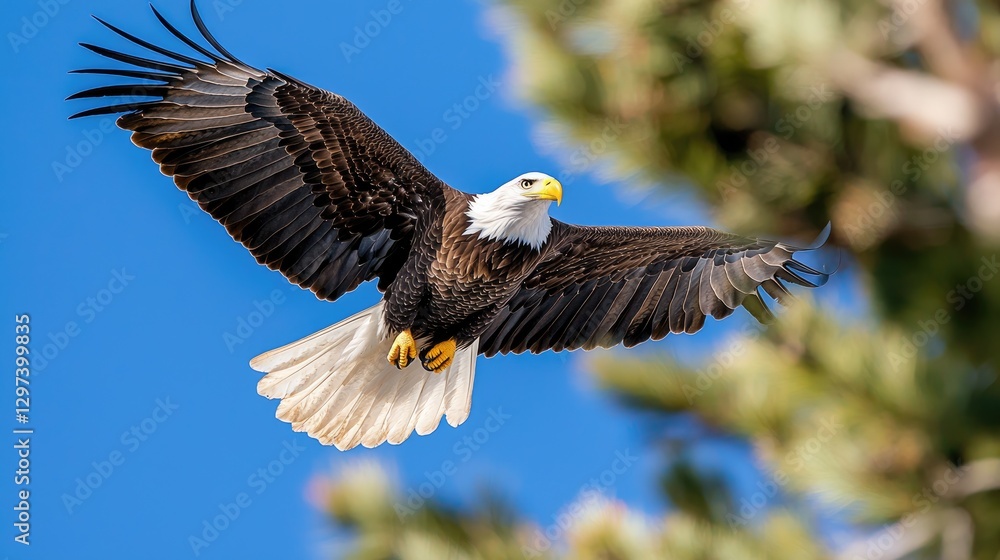 Obraz premium Bald eagle soaring through the blue sky with wings spread wide near green pine trees during a bright sunny day.