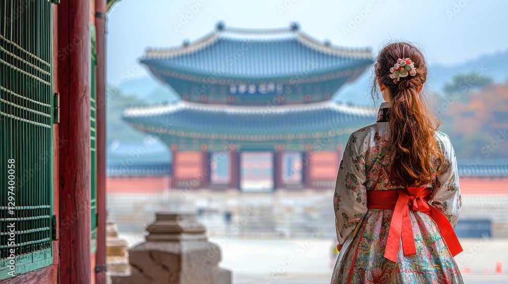 Fototapeta premium A woman in Hanbok admires the serene beauty of Gyeongbokgung Palace in Seoul, South Korea.
