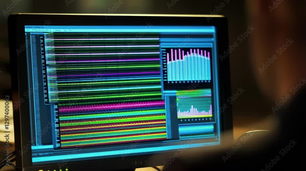 Multiple views of a computer screen displaying complex scientific data visualizations, suggesting ongoing research and analysis by a scientist Multiple views of a computer screen displaying complex scientific data visualizations, suggesting ongoing research and analysis by a scientist