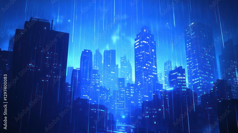 Obraz premium Futuristic city rain night lights background