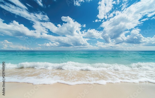 Fototapeta Naklejka Na Ścianę i Meble -  clear transparent sea waves breaking over white clean sea beach in the evening sunset.	