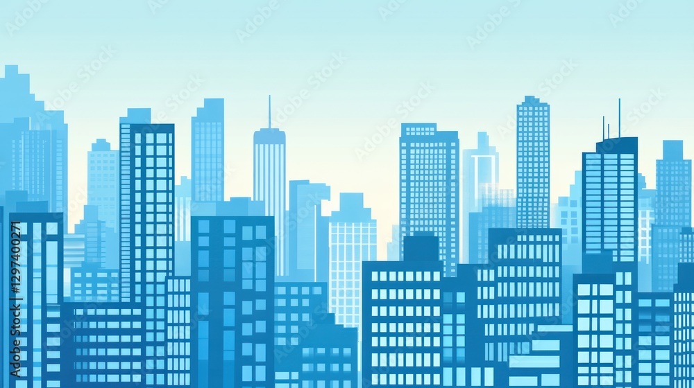 Fototapeta premium Blue cityscape skyline, morning light, urban background, illustration, use for presentation backgrounds, business, or architecture