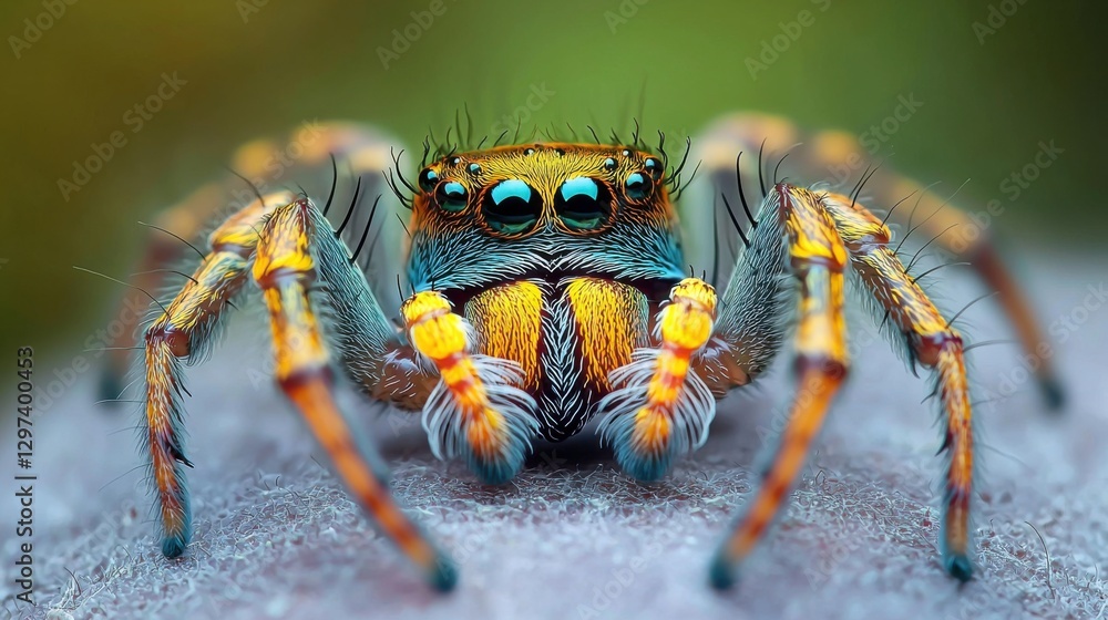 Detailed macro captures a jumping spider's iridescent blue eyes and striking orange markings. Detailed macro captures a jumping spider's iridescent blue eyes and striking orange markings.