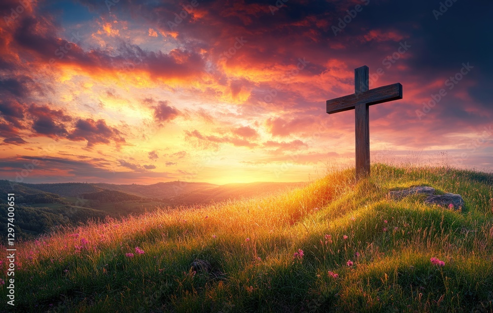 Christian Holy cross the symbol of death and resurrection of Jesus Christ on Easter day at dramatic sunset hill. Christian Holy cross the symbol of death and resurrection of Jesus Christ on Easter day at dramatic sunset hill.