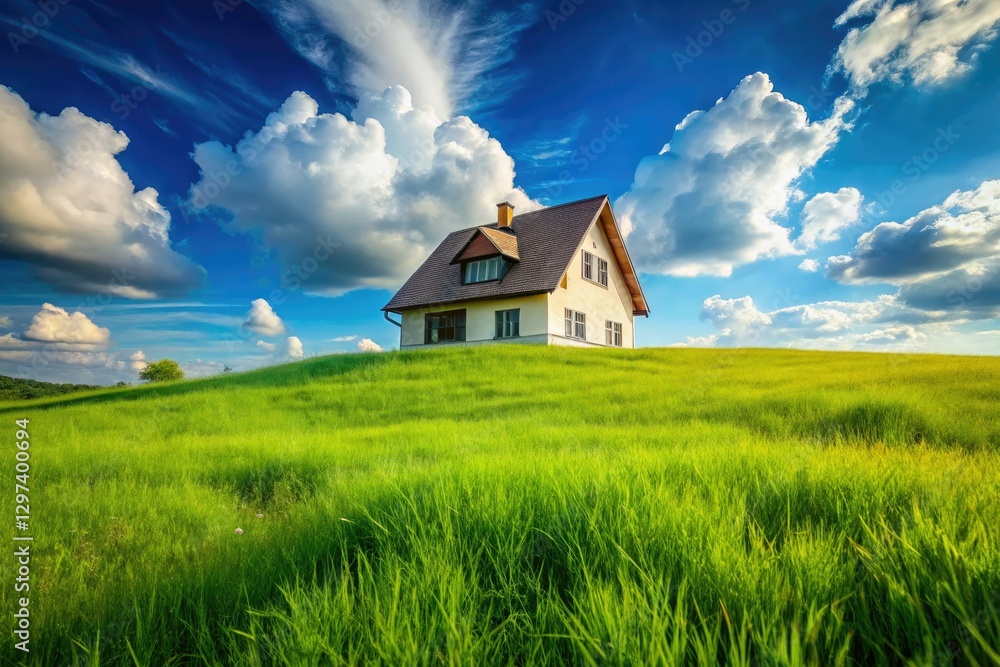 Serene minimalist home nestled in a vibrant green lawn, under a brilliant blue sky. Serene minimalist home nestled in a vibrant green lawn, under a brilliant blue sky.