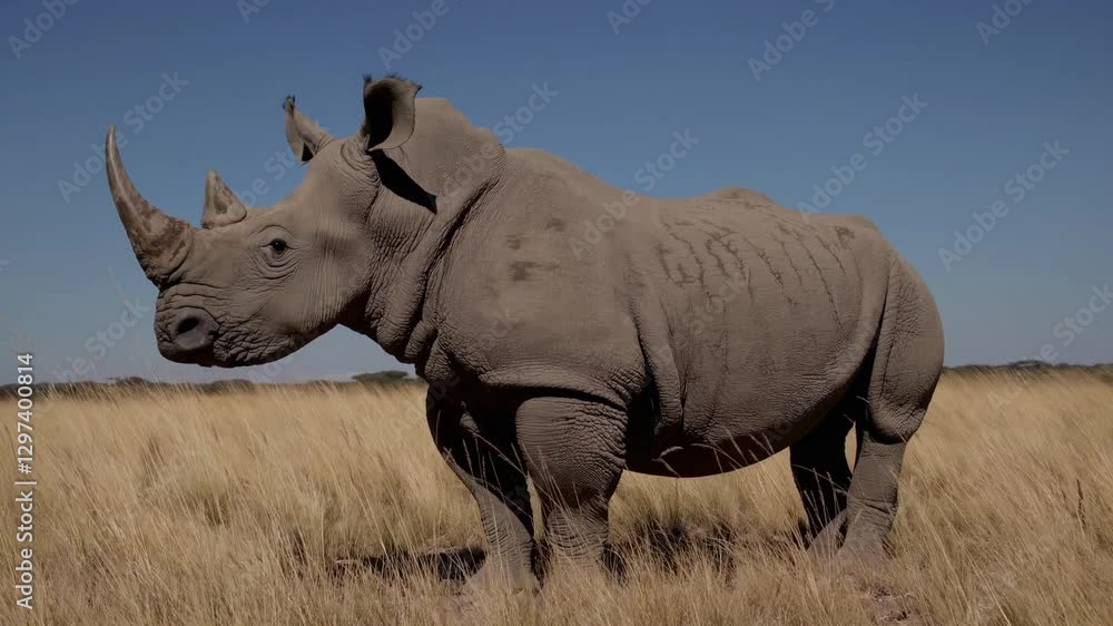 Rhinoceros Standing Still in Natural Habitat, Fixed Camera Wildlife Footage, Endangered African Animal, Close-up Safari Scene, Wild Rhino in Grassland, Nature Documentary Background, Outdoor Scenery Rhinoceros Standing Still in Natural Habitat, Fixed Camera Wildlife Footage, Endangered African Animal, Close-up Safari Scene, Wild Rhino in Grassland, Nature Documentary Background, Outdoor Scenery