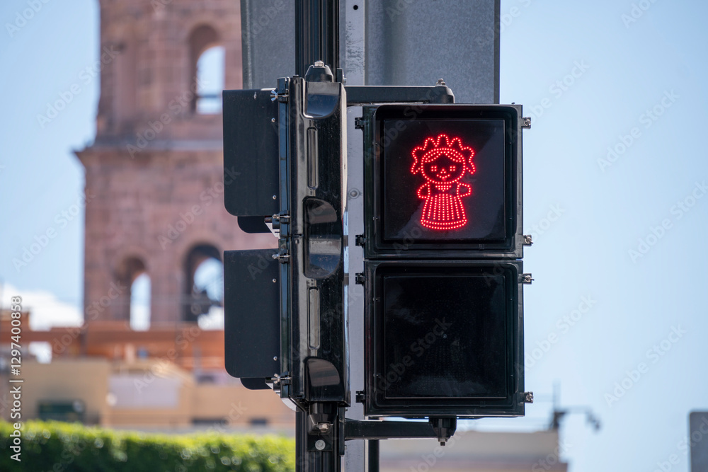 Unique Traffic Lights in Queretaro City, Mexico. Stepping girl called Queretana is a feature of Queretaro