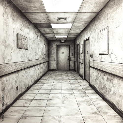 Vector Image of Hospital Hallway with Tiled Floor and Closed Doors in Monochrome Detail, Featuring Overhead Lighting, Notice Boards, and Emergency Exit Sign