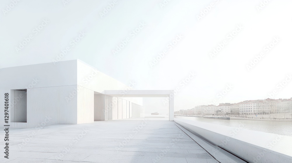 Obraz premium Modern white building overlooking river, architecture, empty terrace, urban background, photorealistic render, possible use for architecture magazines, or design portfolios
