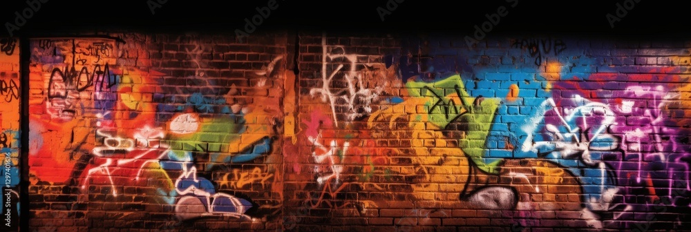 Graffiti artwork on a brick wall at night, colourful street art background use Graffiti artwork on a brick wall at night, colourful street art background use