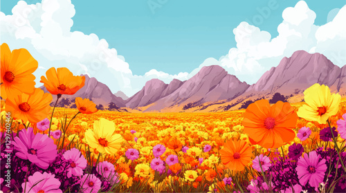 Vibrant Wildflower Meadow Landscape with Colorful Blossoms in Full Bloom Against Majestic Mountain Range under Clear Blue Sky - Beautiful Nature Vector Art