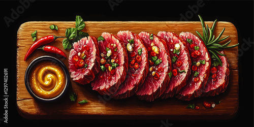 Deliciously Spiced Beef Steaks with Chili, Herbs, and Mustard Sauce on Wooden Board - Perfect Dish for Gourmet Meat Lovers and Fine Dining Enthusiasts