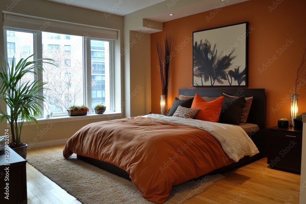 Fototapeta premium Cozy bedroom with warm lighting, plants, and a relaxed atmosphere during the evening hours