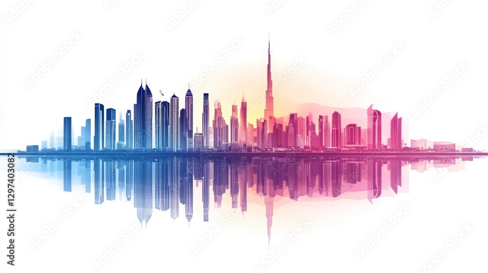 Fototapeta premium Dubai Skyline Reflection, vibrant colors, sunrise view, cityscape, horizontal format, stock photo