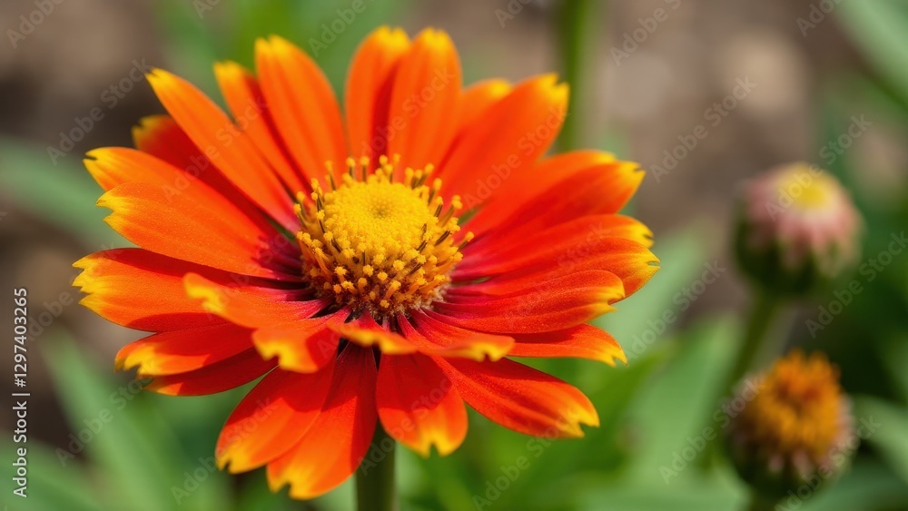 A vibrant orange flower with yellow center, surrounded by green foliage. A vibrant orange flower with yellow center, surrounded by green foliage.