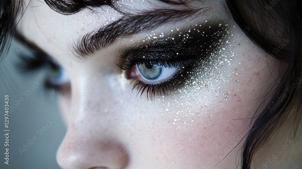 Fototapeta premium Vivid close-up of a model with striking blue and glitter eye makeup during a creative makeup session in a studio setting