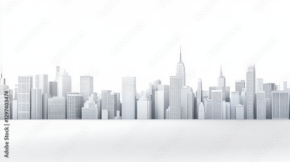 custom made wallpaper toronto digital3D Model City Skyline, White Background, Urban Design, Architectural View, Digital Illustration, Abstract, Modern, Blank