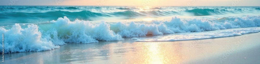 Obraz premium Softly shining blue ocean waves gently caress the fine white sandy shore at dawn , sand, ocean