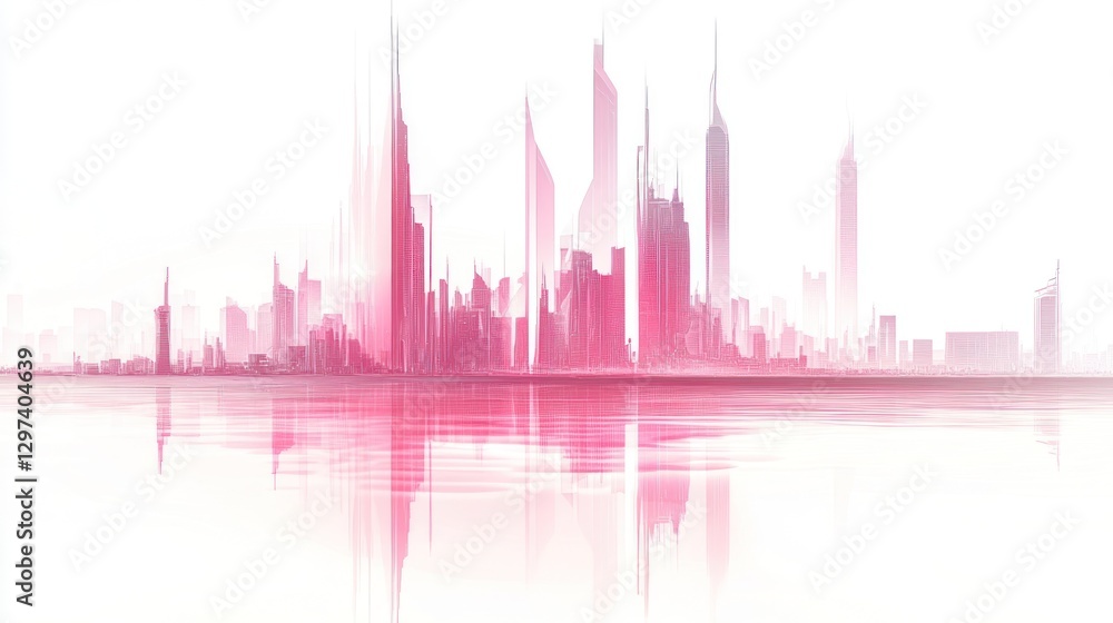 Naklejka premium Pink city skyline reflection, urban scene, futuristic, artistic, abstract, sunrise, horizontal