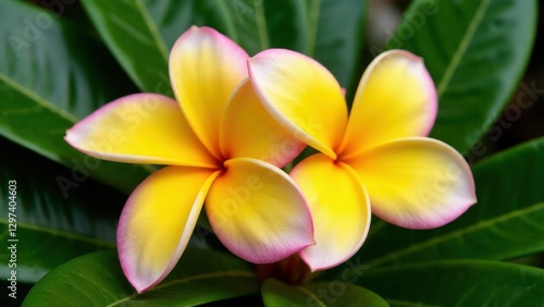 Two vibrant yellow flowers with pink edges, surrounded by lush green leaves.