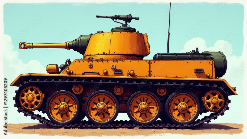 Fototapeta premium A detailed illustration of a tank with prominent tank tracks, featuring a large turret and a long barrel.