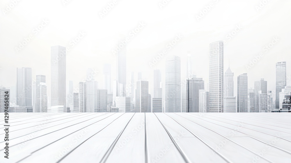 Empty white wooden platform, city skyline background, presentation, advertisement Empty white wooden platform, city skyline background, presentation, advertisement