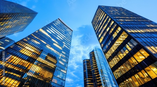 Wallpaper Mural Serene Evening Cityscape Showcasing Towering Skyscrapers with Gleaming Glass and Steel Facades Illuminated by Dazzling Lights Reflecting in the Urban Landscape Torontodigital.ca