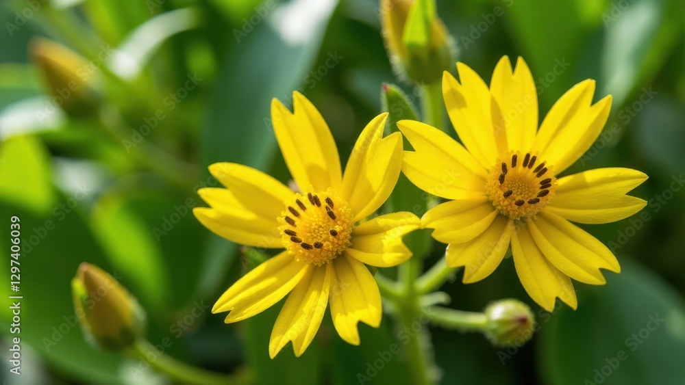 Two bright yellow flowers with green leaves in the background. Two bright yellow flowers with green leaves in the background.