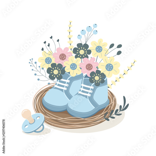 Baby booties and pacifier in floral arrangement. Nesting Party. Spring vector illustration isolated on white background, cute card design.