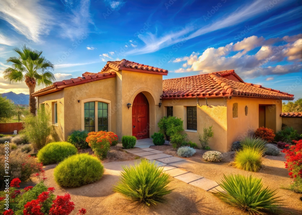 Obraz premium Southwestern sun bathes an adobe stucco home, vibrant blue sky mirroring the arid landscape.