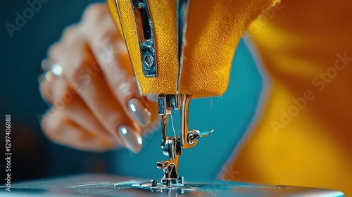 Close up of a skilled seamstress s hands expertly operating a sewing machine while creating a textile or garment in a studio setting photo