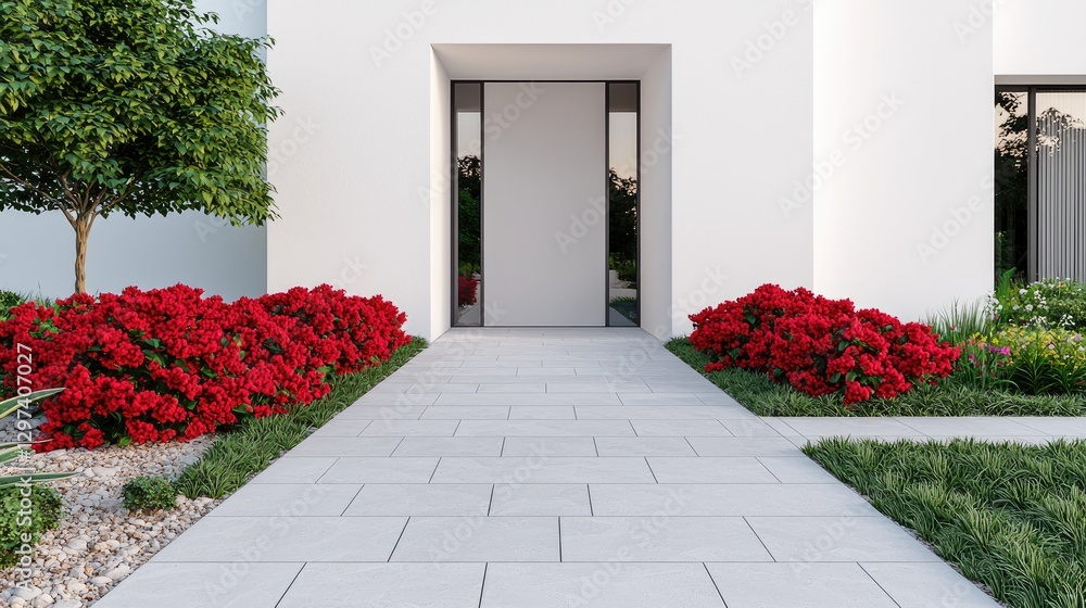 Naklejka premium Modern home entrance, red flowers, paved path, garden landscaping