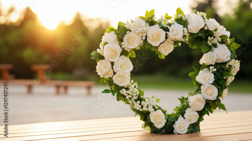 heart shaped floral arrangement with white roses and greenery, symbolizing love and romance, beautifully lit by sunset