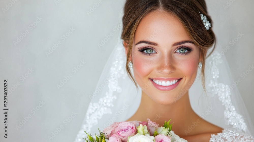 Naklejka premium Radiant and Captivating Bride in Elegant White Dress and Veil Capturing the Blissful Joy and Serene Beauty of a Wedding