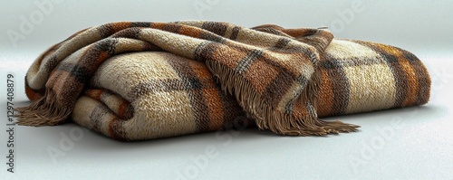 Electric plaid rug in a brown and beige design, covering an isolated blanket like coverlet as a bed sheet. photo