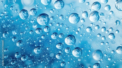 Wallpaper Mural Water drops or oil bubbles on blue background. Droplets panorama picture. Torontodigital.ca