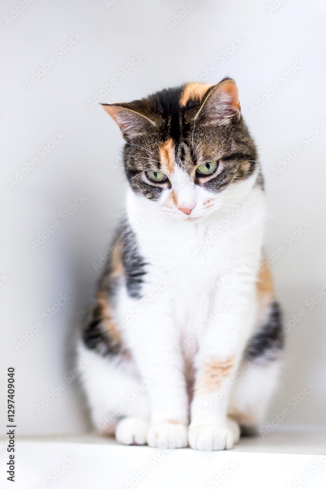 A calico shorthair cat sitting and looking down A calico shorthair cat sitting and looking down