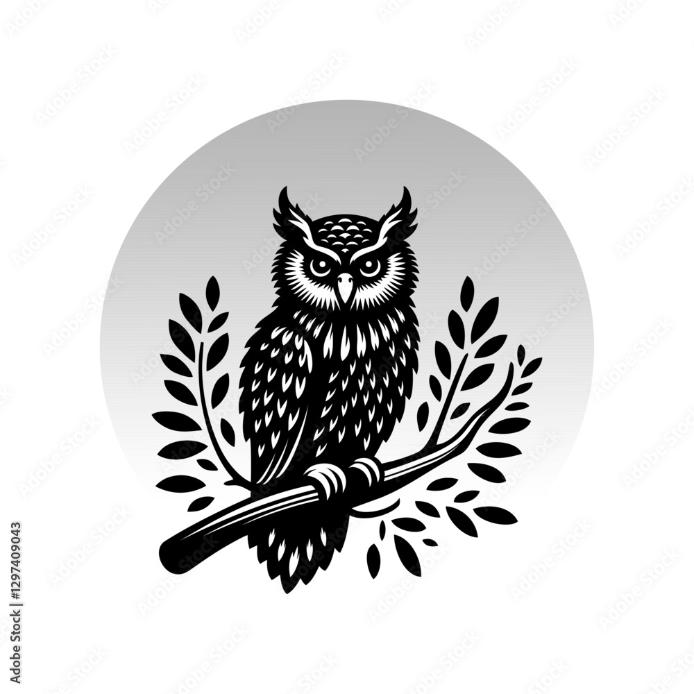 Obraz premium Owl logo vector illustration template. Hand draw black and white on the branch