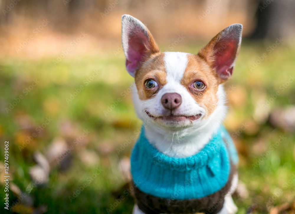A purebred Chihuahua dog wearing a sweater A purebred Chihuahua dog wearing a sweater