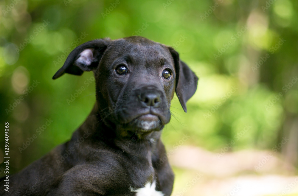 A young mixed breed puppy with a serious expression on its face A young mixed breed puppy with a serious expression on its face