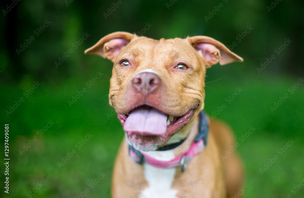 A friendly Pit Bull Terrier mixed breed dog with a happy expression A friendly Pit Bull Terrier mixed breed dog with a happy expression