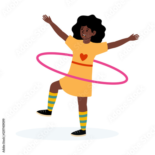 Cheerful girl hula hooping in a colorful outfit during a sunny afternoon